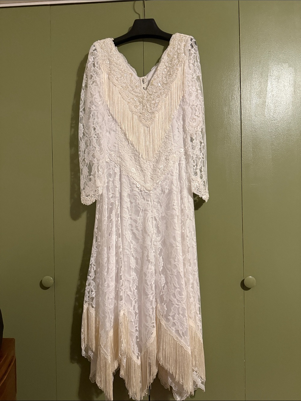 Martin McCrea Ivory Lace Fringe Long-Sleeve Midi Dress